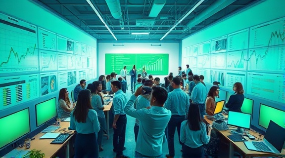growing profit growth, exhilarated, graph drawing, photorealistic, an energetic workspace full of bustling employees and charts on walls, highly detailed, brainstorming in action, high-fidelity, vibrant greens and blues, sidelight, shot with an anamorphic lens.