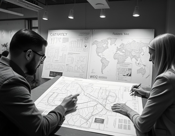 visionary firm strategy, focused, mapping, photorealistic, an ultra-modern design studio with concept maps and mood boards, highly detailed, collaborative planning, ultra-high definition, monochrome shades, diffuse lighting, shot with a wide-angle lens.