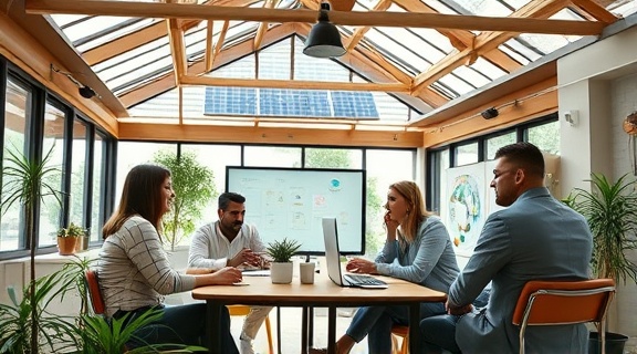 sustainable finance firm, conscientious, projecting, photorealistic, an eco-friendly office with recycled decor and solar panel roofs, highly detailed, innovative meeting, excellent resolution, earthy tones, natural lighting, shot with a long-focus lens.