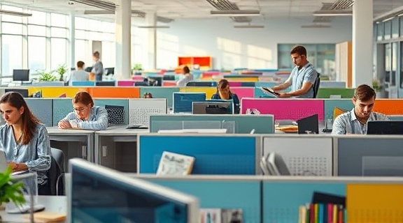 dynamic profit firm, motivated, revising, photorealistic, a vibrant cubicle area with colorful dividers and personal gadgets, highly detailed, a flurry of activity, full HD, pastel colors, dappled sunlight, shot with a medium zoom lens.