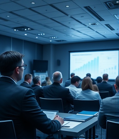 comprehensive profitreport, investigative, unveiling insights, photorealistic, situated in a conference room filled with business people, highly detailed, dynamic charts, crisp and clear, monochrome with hints of blue, studio lighting, shot with an 85mm lens.