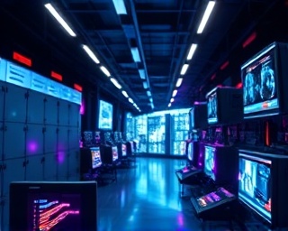 futuristic profit growth, visionary, modeling, photorealistic, a digital network lab with VR headsets and holographic displays, highly detailed, data streams in environment, 4K resolution, neon glows, track lighting, shot with a macro lens.