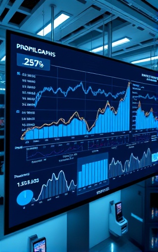 detailed profitgraphs, analytical, presenting statistical data, photorealistic, displayed on a high-tech digital screen in a futuristic office, highly detailed, 3D elements, intricate and precise, cool tones, overhead lighting, shot with a telephoto lens.