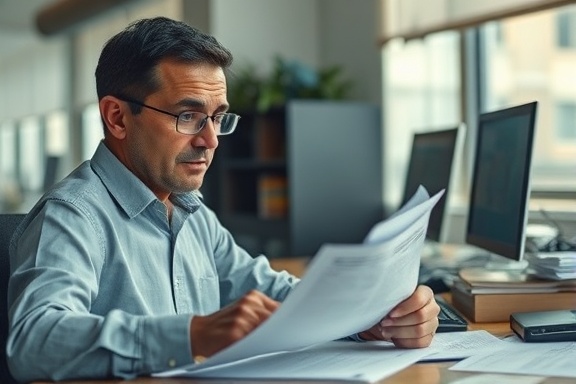 diligent profit audit, focused expression, checking records, photorealistic, an office desk cluttered with papers and a computer in the background, highly detailed, slight movement of papers in the air-conditioned breeze, high-resolution textures, muted earth tones, natural afternoon lighting, shot with a 50mm lens.