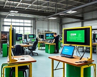 agile firm strategy, versatile, pivoting, photorealistic, a flexible workspace with movable stations and digital boards, highly detailed, adjusting approaches, rich in texture, subtle greens, industrial lighting, shot with a wide-angle lens.