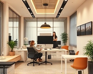 resilient finance firm, resourceful, adapting, photorealistic, a compact office with convertible areas and sleek furnishings, highly detailed, employees adjusting plans, super sharp, beige and taupe, natural warm light, shot with an 85mm prime lens.