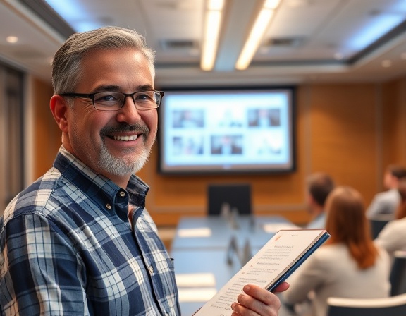 insightful discovery results, satisfied expression, presenting findings, photorealistic, conference room with a slideshow presentation in the background, highly detailed, animated transitions on slides, realistic depth and clarity, vibrant colors, overhead fluorescent lighting, shot with a 24mm lens.