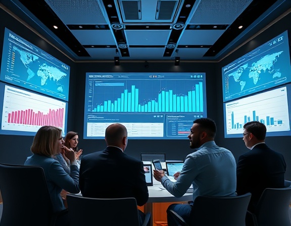 strategic profit firm, proactive, forecasting, photorealistic, a conference center with large screens displaying graphs and data, highly detailed, executive group dialogue, high definition, muted tones, spotlighting, shot with a panoramic lens.