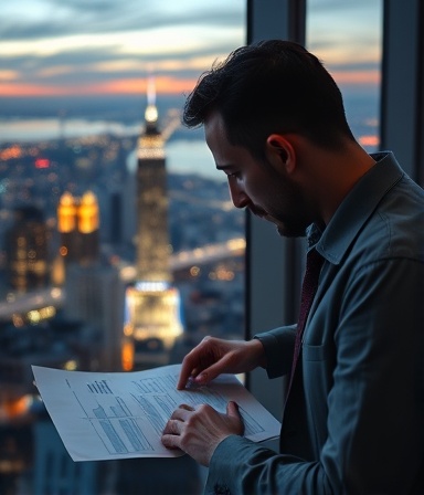 thorough audit findings, concentrated expression, highlighting points, photorealistic, a high-rise office overlooking the city skyline in the background, highly detailed, dynamic city lights visible through the window, high-fidelity image quality, cool tones, evening spotlight lighting, shot with a 100mm lens.