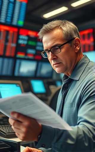 exhaustive profit analysis, determined expression, compiling report, photorealistic, busy newsroom environment with screens and teletypes in the background, highly detailed, changing ticker tape on screens, ultra-high-definition image, monochromatic color scheme, harsh studio lighting, shot with a 70-200mm lens.