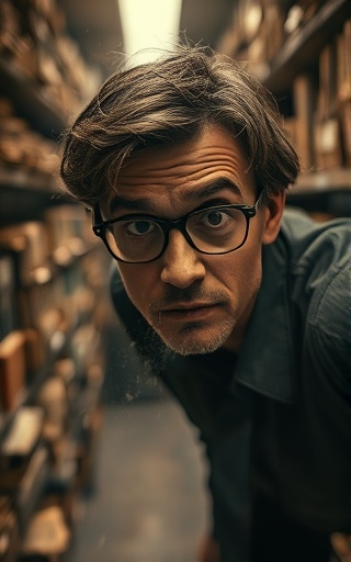 comprehensive discovery process, inquisitive expression, gathering evidence, photorealistic, an old archives room with dusty files in the background, highly detailed, thin dust particles dancing in light rays, sharpness in textures and details, sepia tones, dim nostalgic lighting, shot with a macro lens.