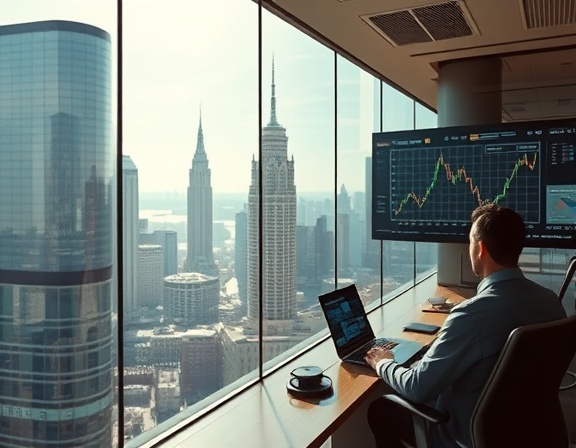 predictive profit forecast, optimistic, utilizing algorithms, photorealistic, urban office overlooking the cityscape, highly detailed, futuristic digital displays, ISO 200, warm color palette, natural sunlight filtering through, shot with a 35mm lens.