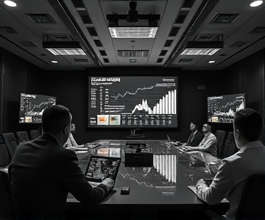 analytical analysis report, focused, reviewing the data trends, photorealistic, boardroom with digital projections, highly detailed, scrolling figures and graphs, ISO 400, monochromatic tones, overhead lighting, shot with an 85mm lens.