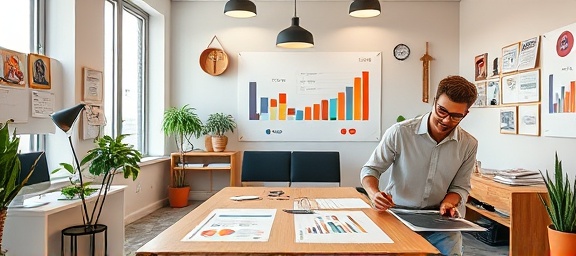 creative marketing, imaginative, crafting compelling campaigns, photorealistic, in a trendy office space with creative branding elements around, highly detailed, imaginative charts and banners, full HD, vivid and striking hues, natural window lighting, shot with a 35mm lens.