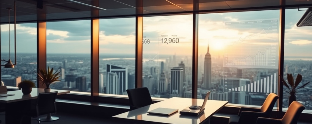 in-depth profit analysis, precise, surveying financial history, photorealistic, stylish office with panoramic city view, highly detailed, interactive statistical tools, ISO 800, rich hues, golden hour lighting, shot with a 50mm prime lens.