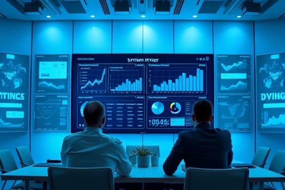 dynamic system strategy, proactive, devising transformative plans, photorealistic, housed in a futuristic conference room with an interactive smart board, highly detailed, cascading statistical graphics, 1440p quality, deep blue highlights, diffused spotlighting, shot with a 70-200mm lens.