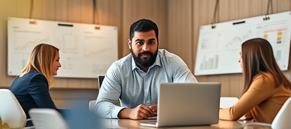 innovative advisory growth, determined expression, strategizing expansion plans, photorealistic, conference room with whiteboards and laptops, highly detailed, animated graphs and project outlines, 8k rendering, earthy and neutral colors, daylight illumination, shot with a 24mm wide-angle lens.