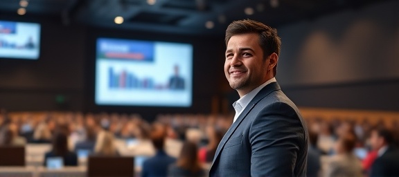 strategic growth profit, confident expression, presenting a business plan, photorealistic, auditorium filled with audience and projectors, highly detailed, interactive slides and audience engagement, UHD quality, professional attire, spotlight effect, shot with a 70-200mm telephoto lens.