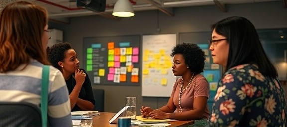 empowered profit consulting, insightful expression, facilitating a workshop, photorealistic, co-working space filled with diverse group, highly detailed, brainstorming post-its and flow charts, high-definition details, vibrant and diverse palette, ambient overhead lighting, shot with a 35mm prime lens.