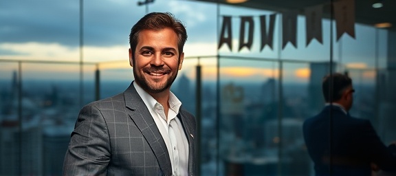 successful advisory success, satisfied expression, reaching a milestone, photorealistic, urban skyline view from a glass office, highly detailed, celebratory atmosphere and milestone banners, high-resolution precision, metallic and glassy hues, soft evening glow, shot with a 85mm lens.