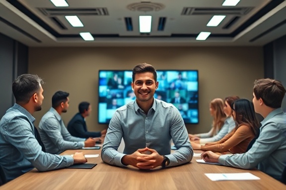 proactive growth advisory, focused expression, leading a meeting, photorealistic, boardroom with international team members, highly detailed, video conferencing and interactive screens, 4k clarity, muted and professional colors, fluorescent lighting, shot with a 16-35mm zoom lens.