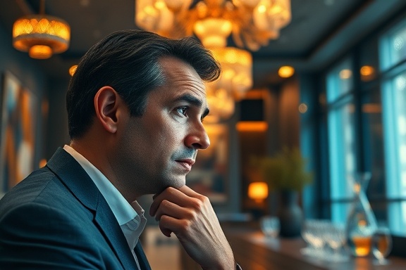 visionary consulting success, pensive expression, reflecting on achievements, photorealistic, elegant office with artistic decorations, highly detailed, recognition awards and futuristic architecture, ultra HD details, soft golden colors, warm ambient lighting, shot with a 100mm macro lens.