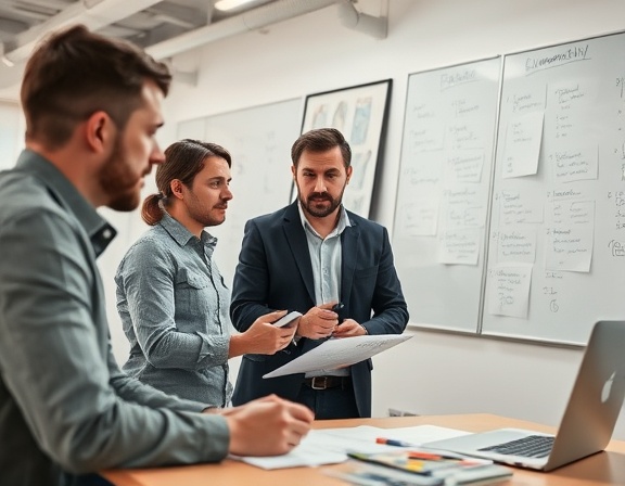 efficient implementation process, concentrated expression, strategizing, photorealistic, open-plan office with whiteboards covered with notes, highly detailed, dynamic team interaction, high resolution, neutral tones, natural daylight, shot with a 35mm lens