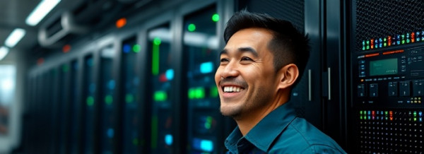 successful system upgrade, relieved expression, monitoring, photorealistic, high-tech data center with flashing servers, highly detailed, constant blinking lights, sharp focus, emerald green and silver, ambient lighting, shot with an 85mm lens