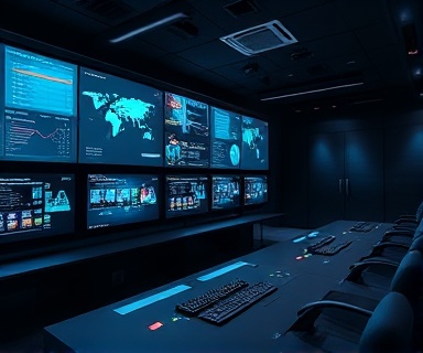 precise system integration, thoughtful expression, configuring, photorealistic, sleek control room with touchscreens, highly detailed, various data streams, ultra high definition, deep blue and charcoal, low-key lighting, shot with a 24mm lens