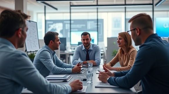 innovative system implementation, inspired expression, planning, photorealistic, tech startup office with brainstorming sessions, highly detailed, creative atmosphere, 4k quality, vibrant colors, diffused lighting, shot with a 28mm lens
