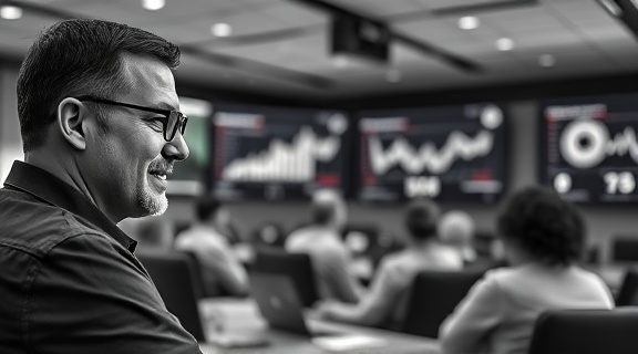 well-coordinated system integration, satisfied expression, reviewing, photorealistic, conference room with multiple screens displaying analytics, highly detailed, immersive visuals, bokeh effect, monochrome, overhead lighting, shot with a 50mm lens