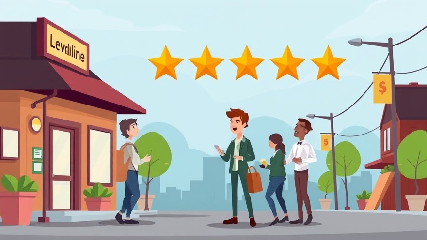 Cartoon of people creating a 5-star reputation for a local business.