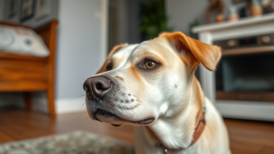 Sad dog reflecting poor indoor air quality in a dimly lit home.