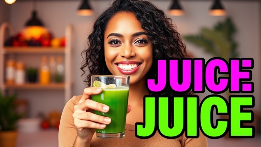 Smiling woman with green juice highlights juicing benefits for women's health.