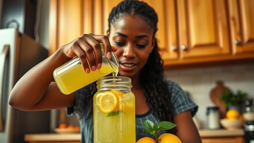 Young Black woman pouring fresh lemonade, showcasing healthy eating and refreshing drinks.