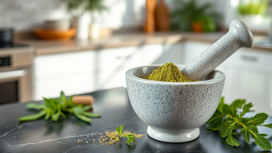 Close-up of powdered green moringa in a mortar, highlighting moringa superfood benefits.