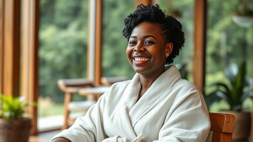 Cheerful middle-aged Black woman in spa robe, embodying wellness retreats bliss.