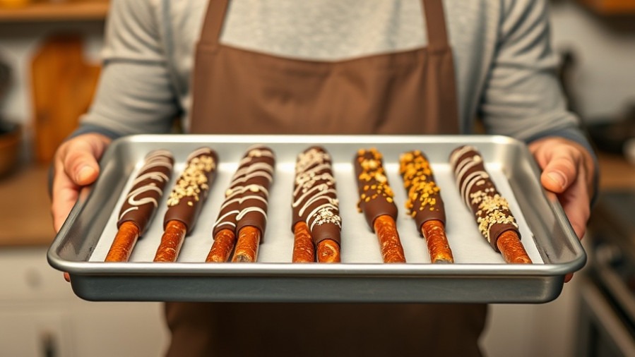 Delicious chocolate snacks - chocolate-covered pretzel sticks with toppings.