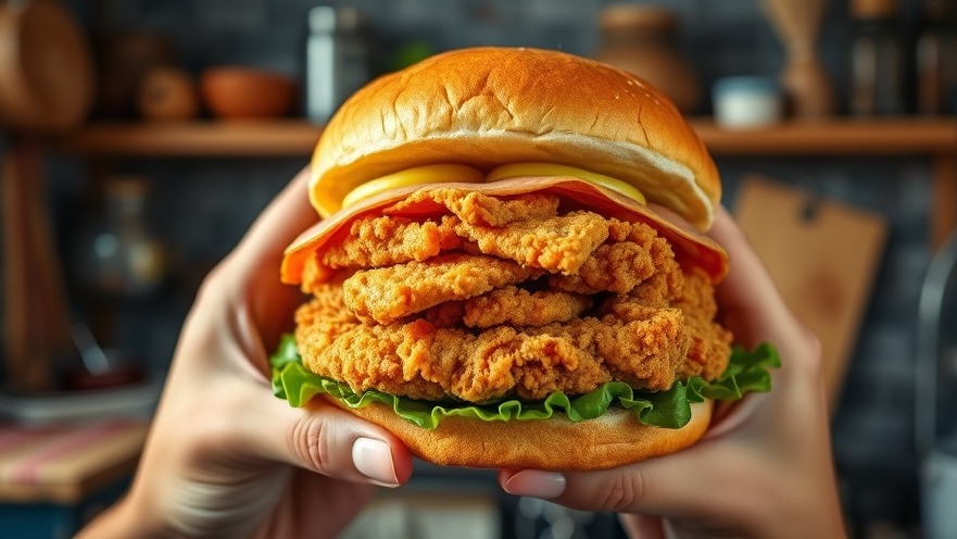Crispy vegan fried chicken sandwich showcasing layers in a rustic kitchen, ideal for plant-based cooking.