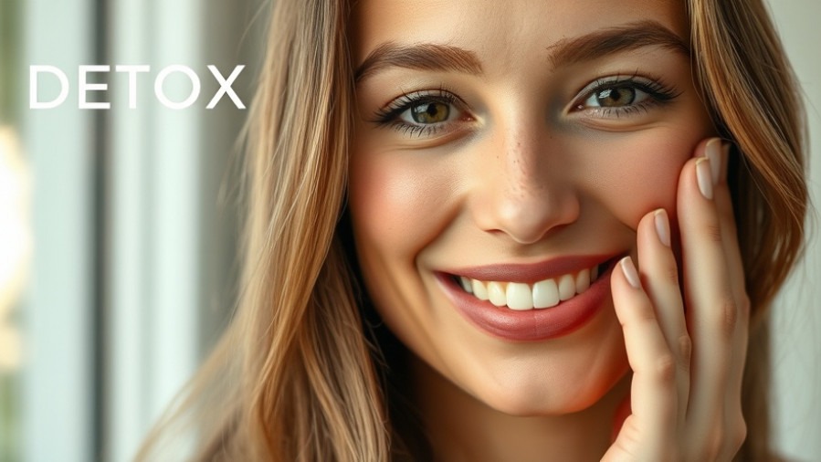 Smiling woman showcases detoxification benefits with radiant skin and healthy elixirs for skin.