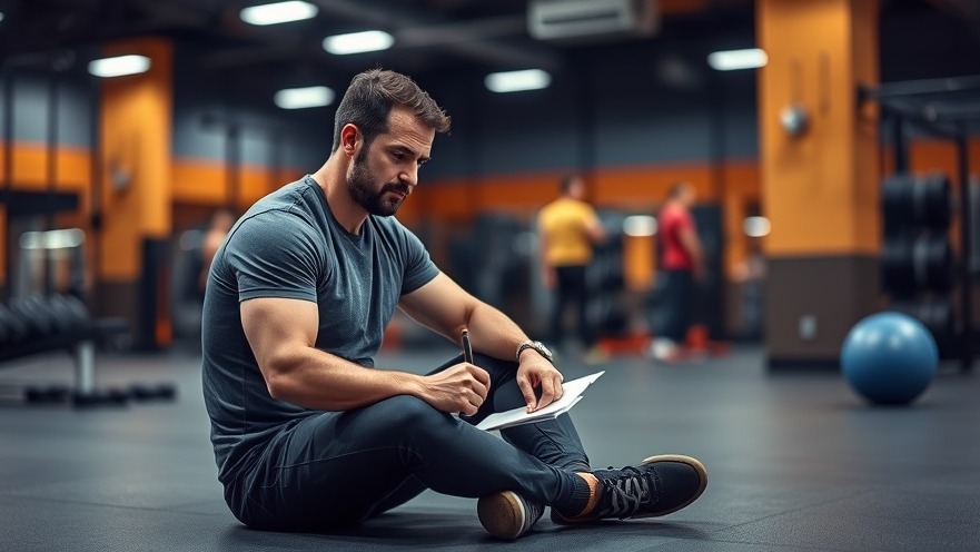 Expert fitness coach sitting on gym floor writing notes for training plans.