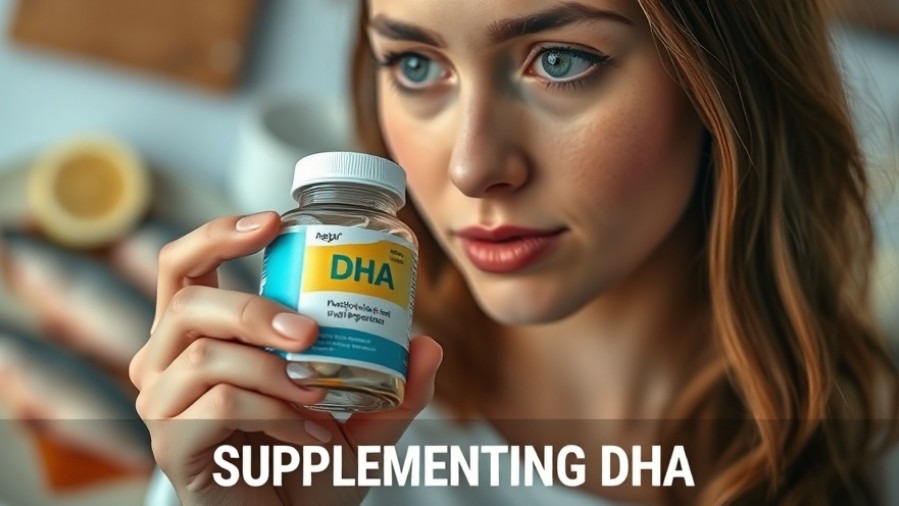 Young woman curious about DHA benefits, holding supplement bottle with fish in background.