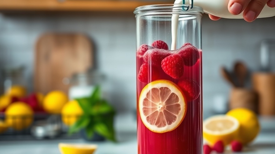Refreshing summer drinks: raspberry lemonade with milk in a cozy kitchen.