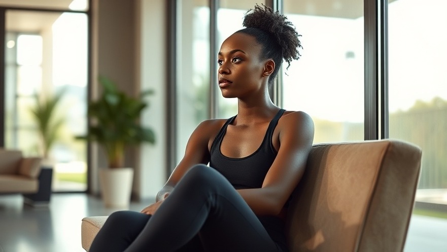 Thoughtful Black woman reflecting on muscle recovery tips in a modern, sunlit interior.