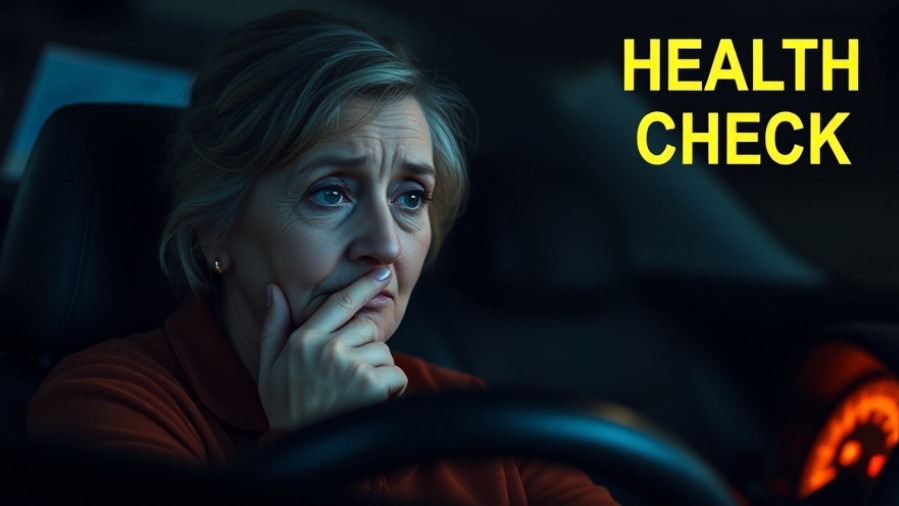 Worried woman in a car, reflecting on signs of health problems from dashboard glow.