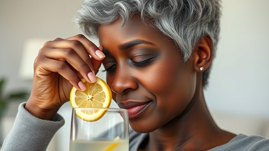 Mature Black woman practicing self-care, squeezing lemon in glass, serene living room.