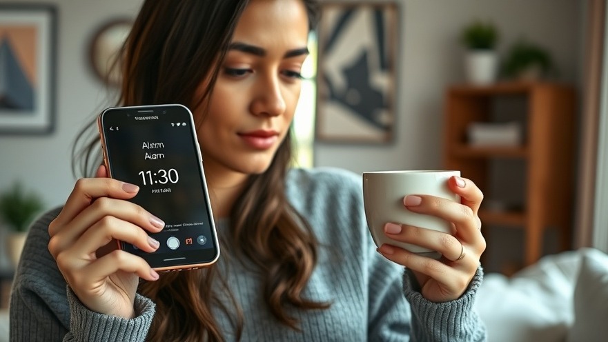 Young woman embracing soft life with peaceful mornings, sipping coffee, and checking alarm.