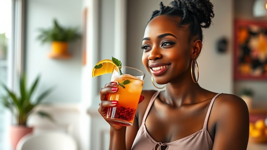 Chic Black woman celebrates wellness and inner peace with a refreshing drink in a bright, pastel indoor setting.