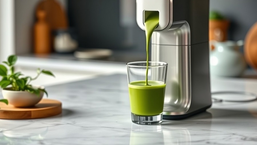 Sleek matcha latte maker pouring vibrant matcha in a minimalist kitchen.