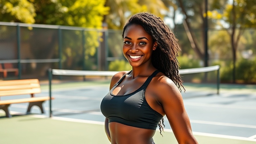 Confident Black woman in dynamic pose on tennis court, embracing her fitness journey.